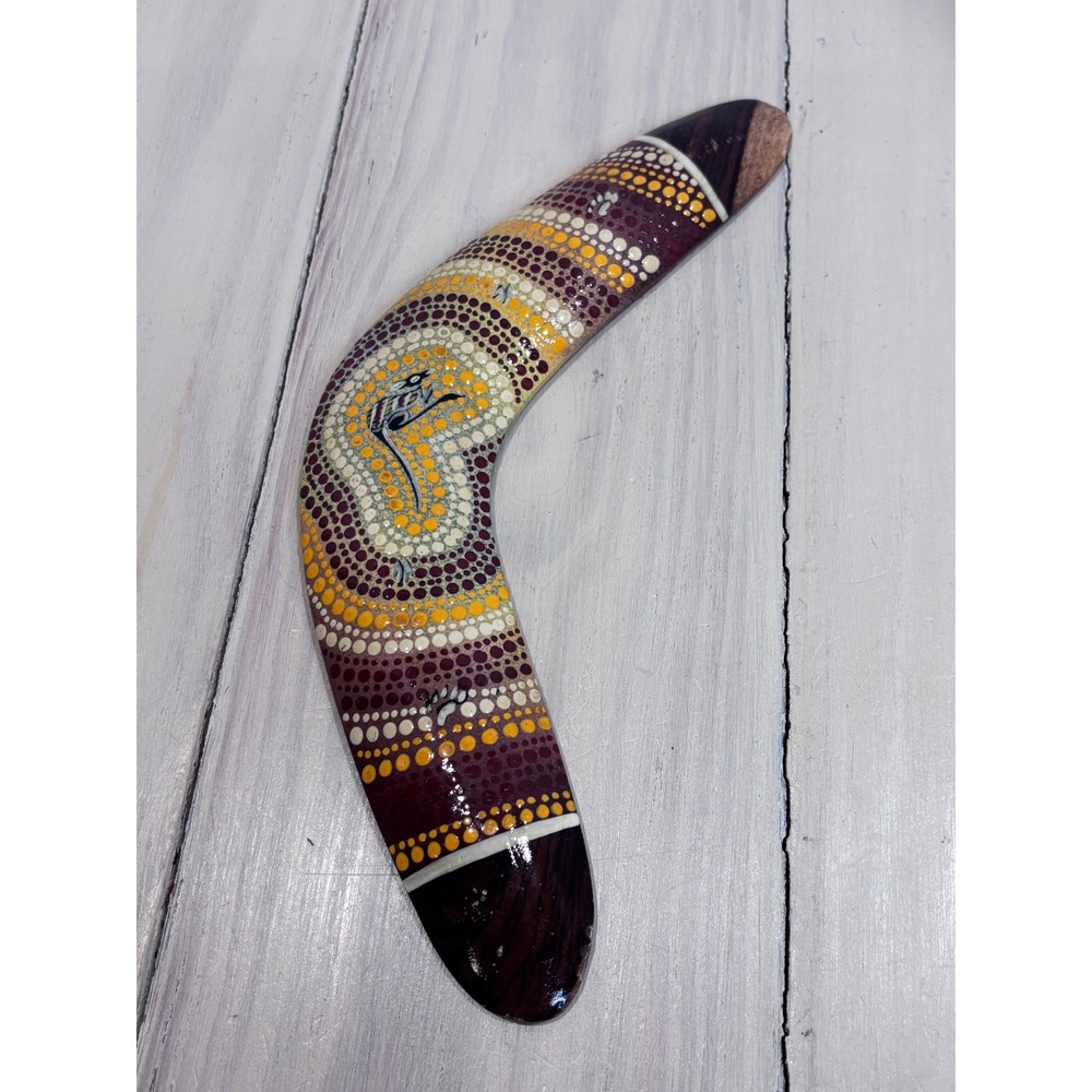 Vintage Australian Aboriginal Dot Painted Wood Boomerang Kangaroo Art 12 Inch